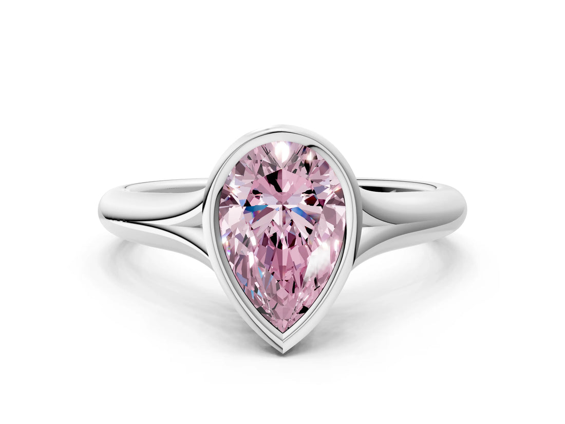 White gold Bezel Set Fancy Pink Pear  Solitaire Diamond Ring with Smooth Band 1