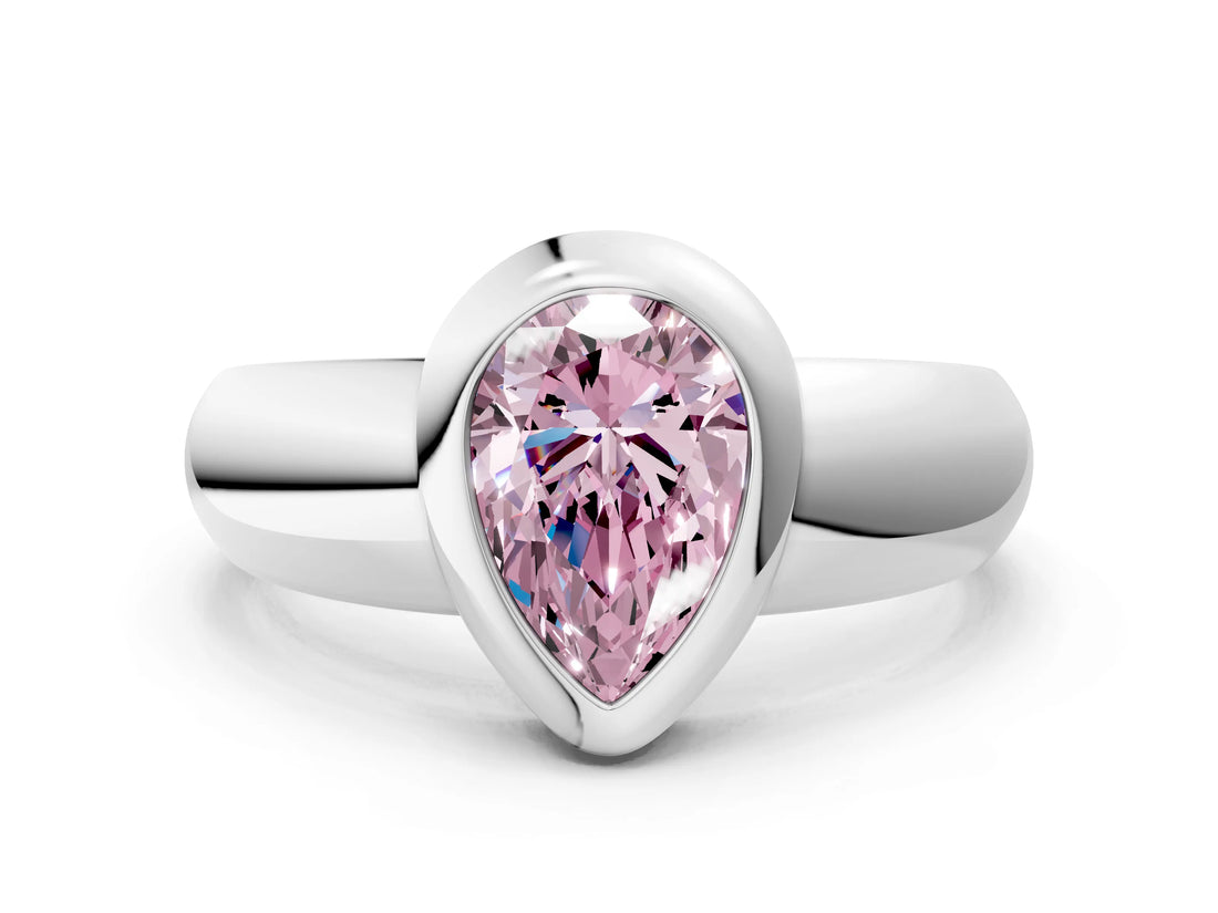 White gold Bezel Set Fancy Pink Pear  Solitaire Ring with Wide Band 1
