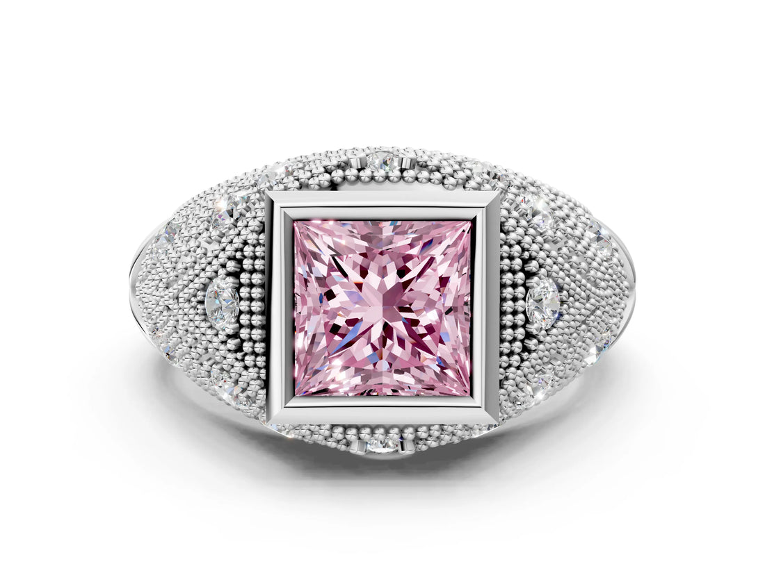 White gold Bezel Set Fancy Pink Princess Cut Diamond Milgrain Band Ring