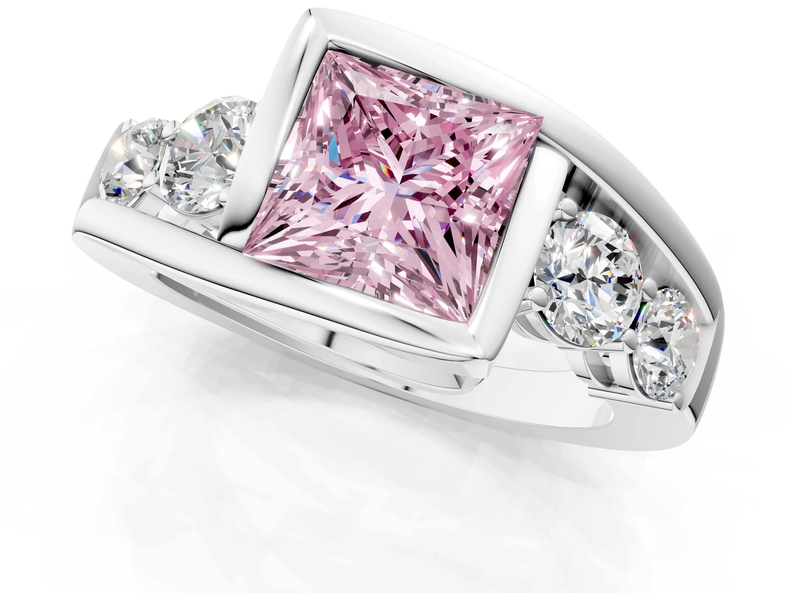 White gold Bezel Set Fancy Pink Princess Cut Diamond Split Shank Ring_1