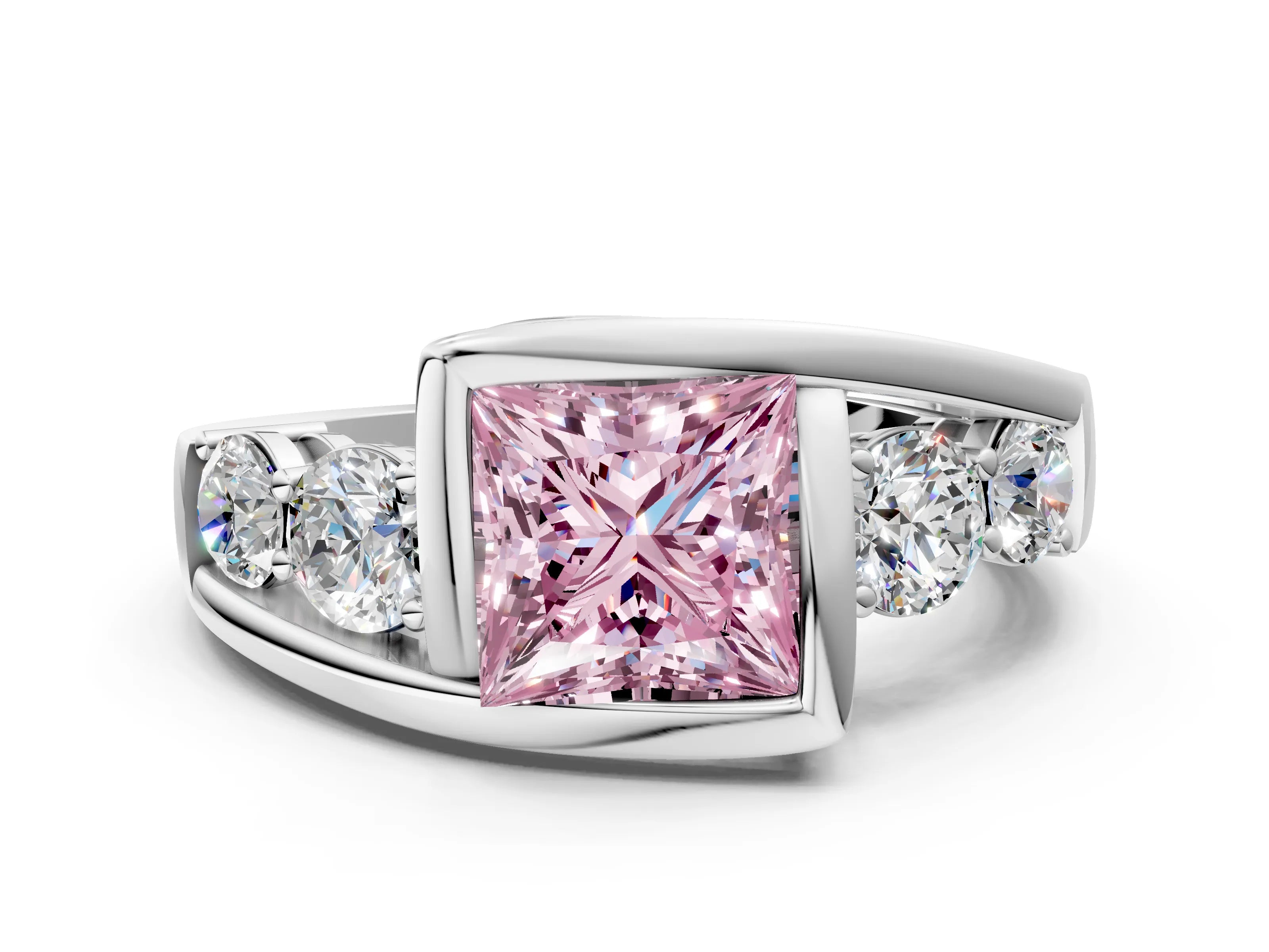 White gold Bezel Set Fancy Pink Princess Cut Diamond Split Shank Ring