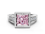 White gold Bezel Set Fancy Pink Princess  Diamond Milgrain Pave Engagement Ring