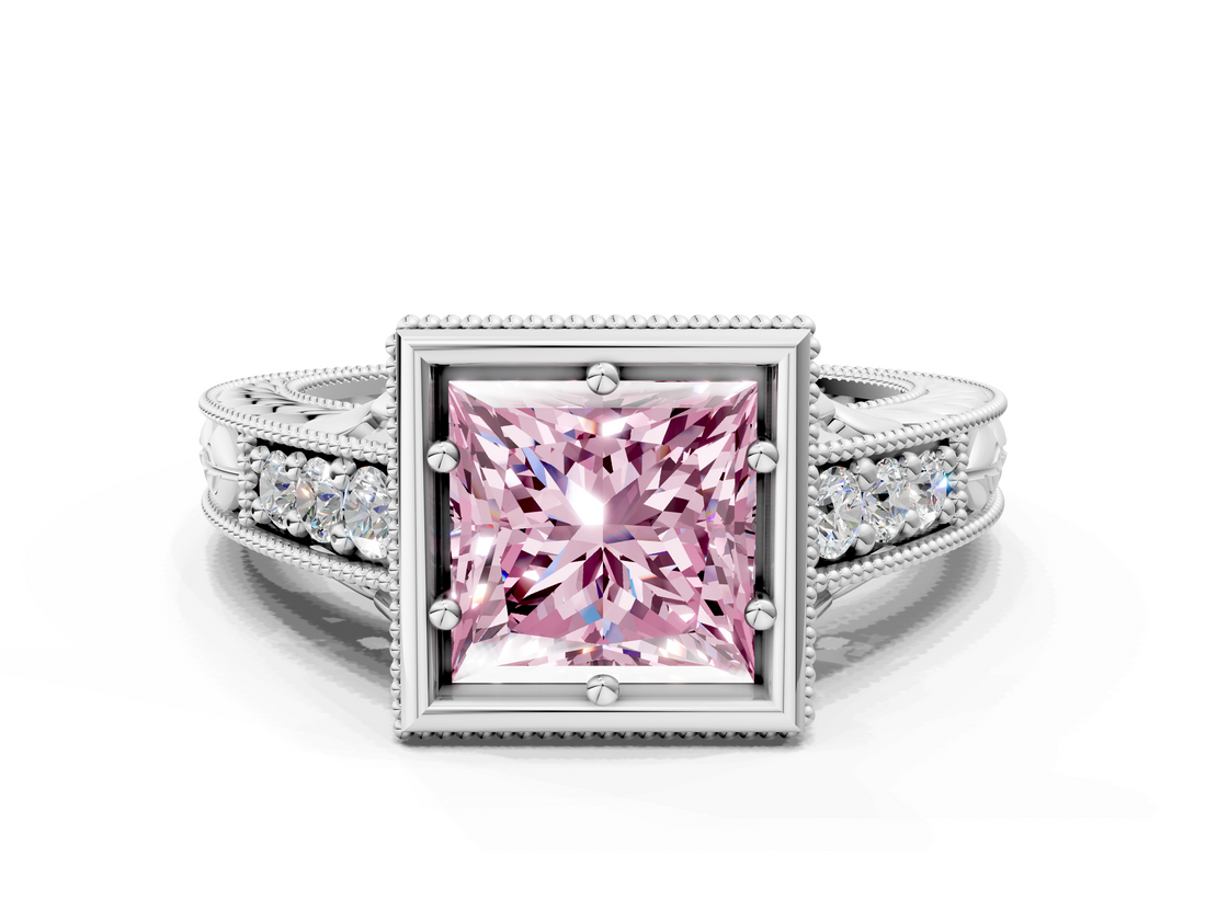White gold Bezel Set Fancy Pink Princess  Diamond Milgrain Pave Engagement Ring