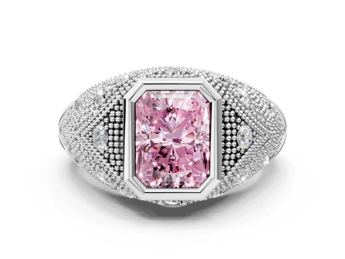 White gold Bezel Set Fancy Pink Radiant Cut Diamond Milgrain Band Ring