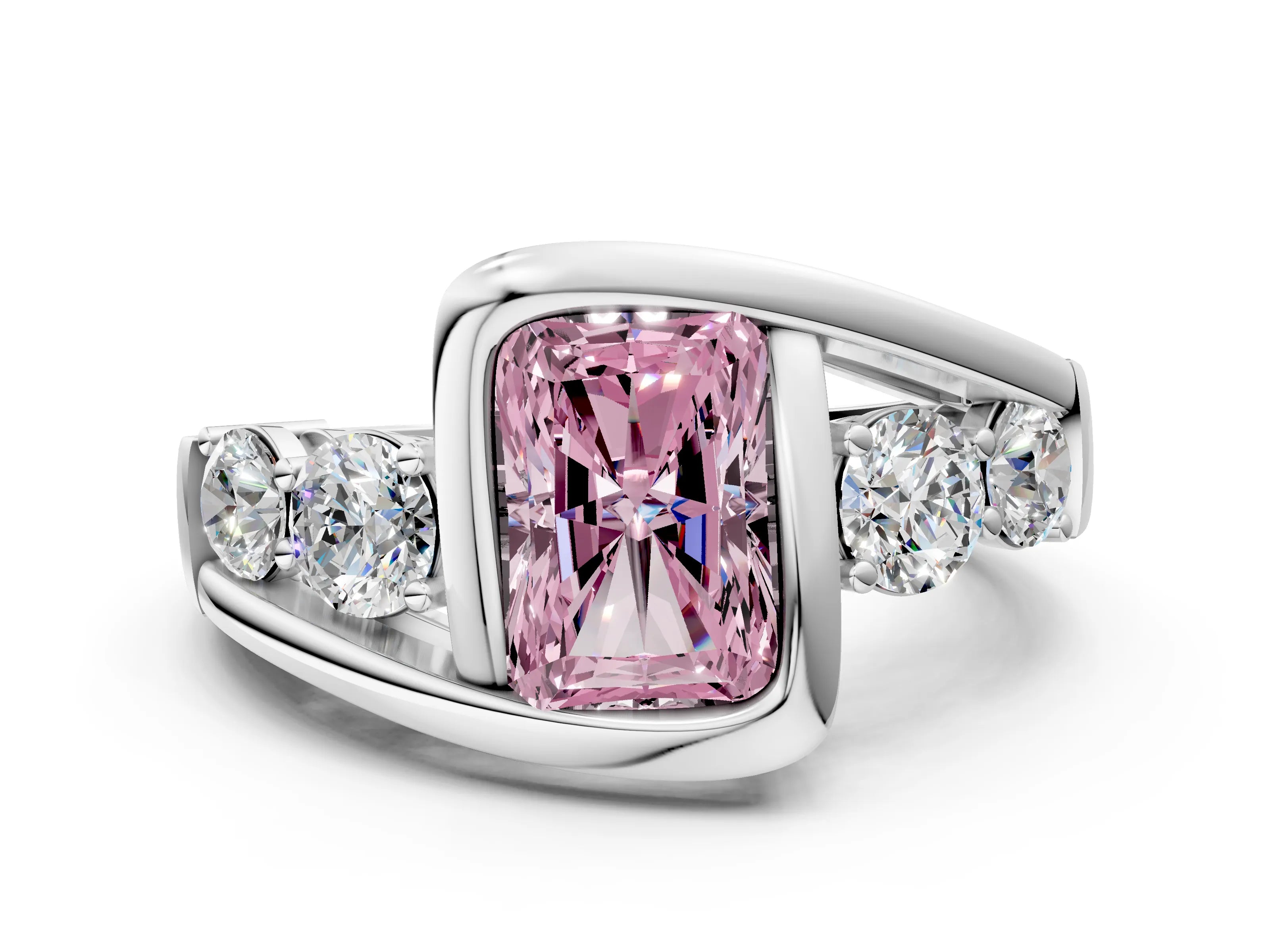 White gold Bezel Set Fancy Pink Radiant Cut Diamond Split Shank Ring
