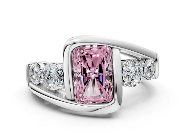 White gold Bezel Set Fancy Pink Radiant Cut Diamond Split Shank Ring