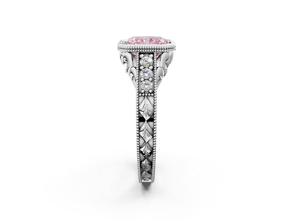 Platinum Bezel Set Fancy Pink Radiant  Diamond Milgrain Pave Engagement Ring