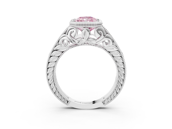 Platinum Bezel Set Fancy Pink Radiant  Diamond Milgrain Pave Engagement Ring