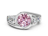 White gold Bezel Set Fancy Pink Round Cut Diamond Split Shank Ring