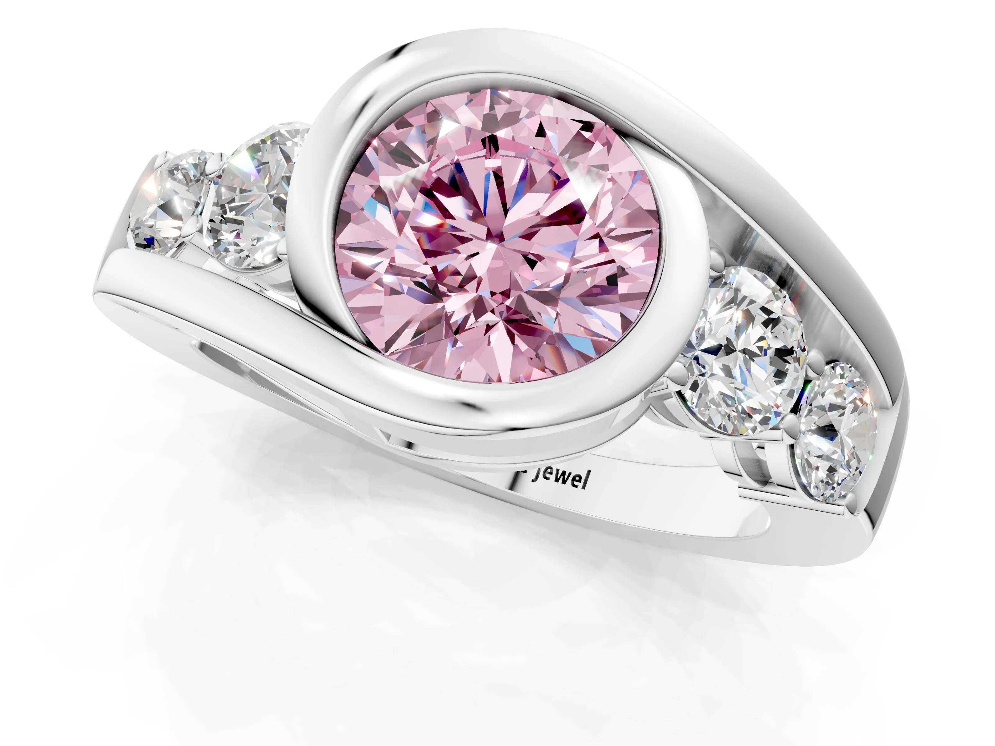 White gold Bezel Set Fancy Pink Round Cut Diamond Split Shank Ring_1
