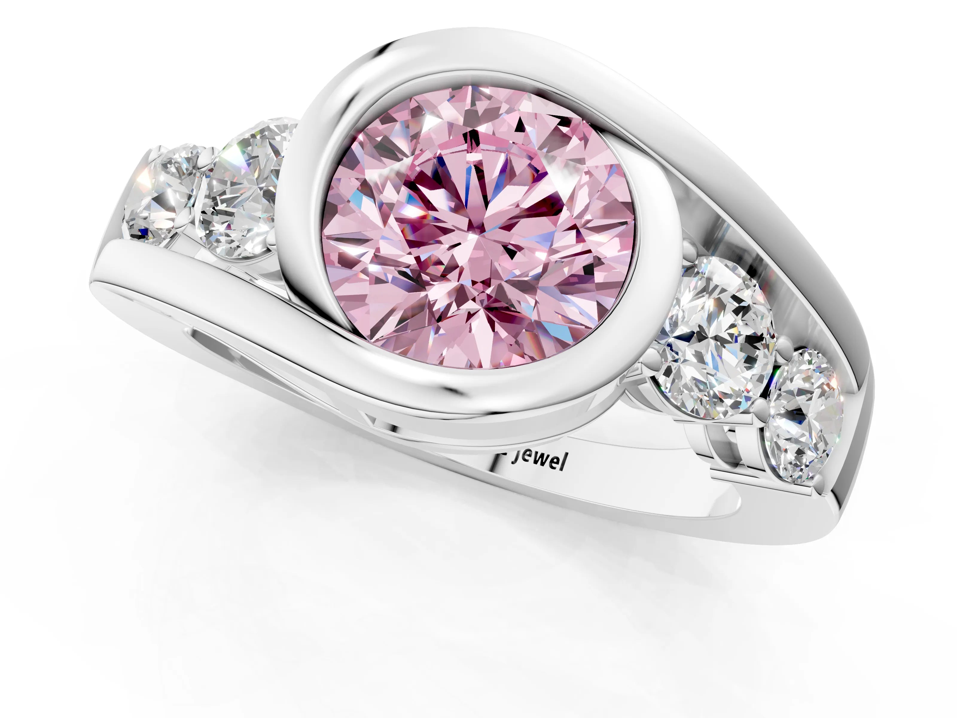 White gold Bezel Set Fancy Pink Round Cut Diamond Split Shank Ring_31