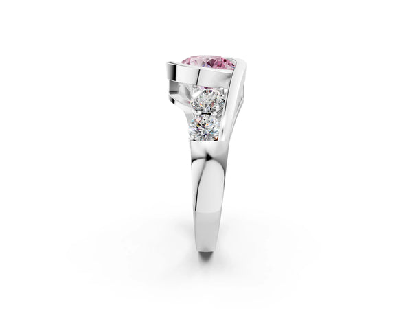 Platinum Round Bezel Bypass Engagement Ring Setting for Fancy Pink Center with Round Side Accents