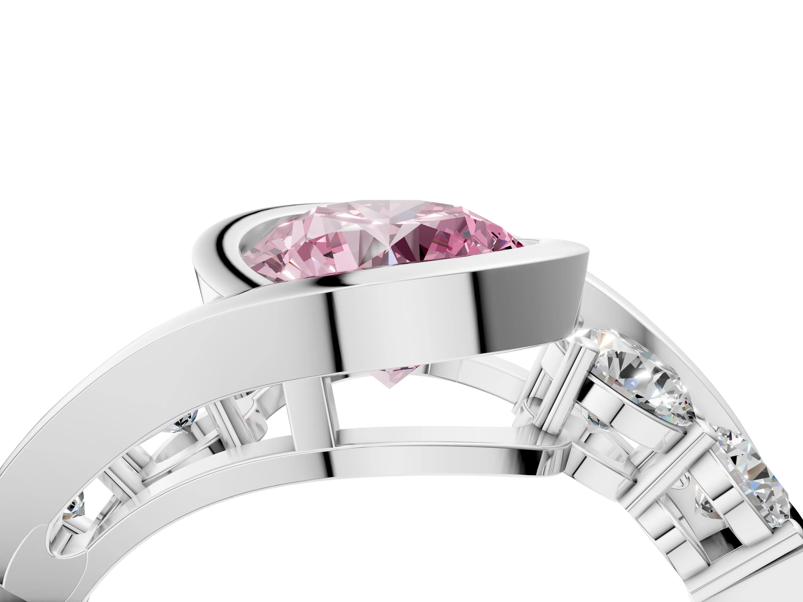 White gold Bezel Set Fancy Pink Round Cut Diamond Split Shank Ring_4