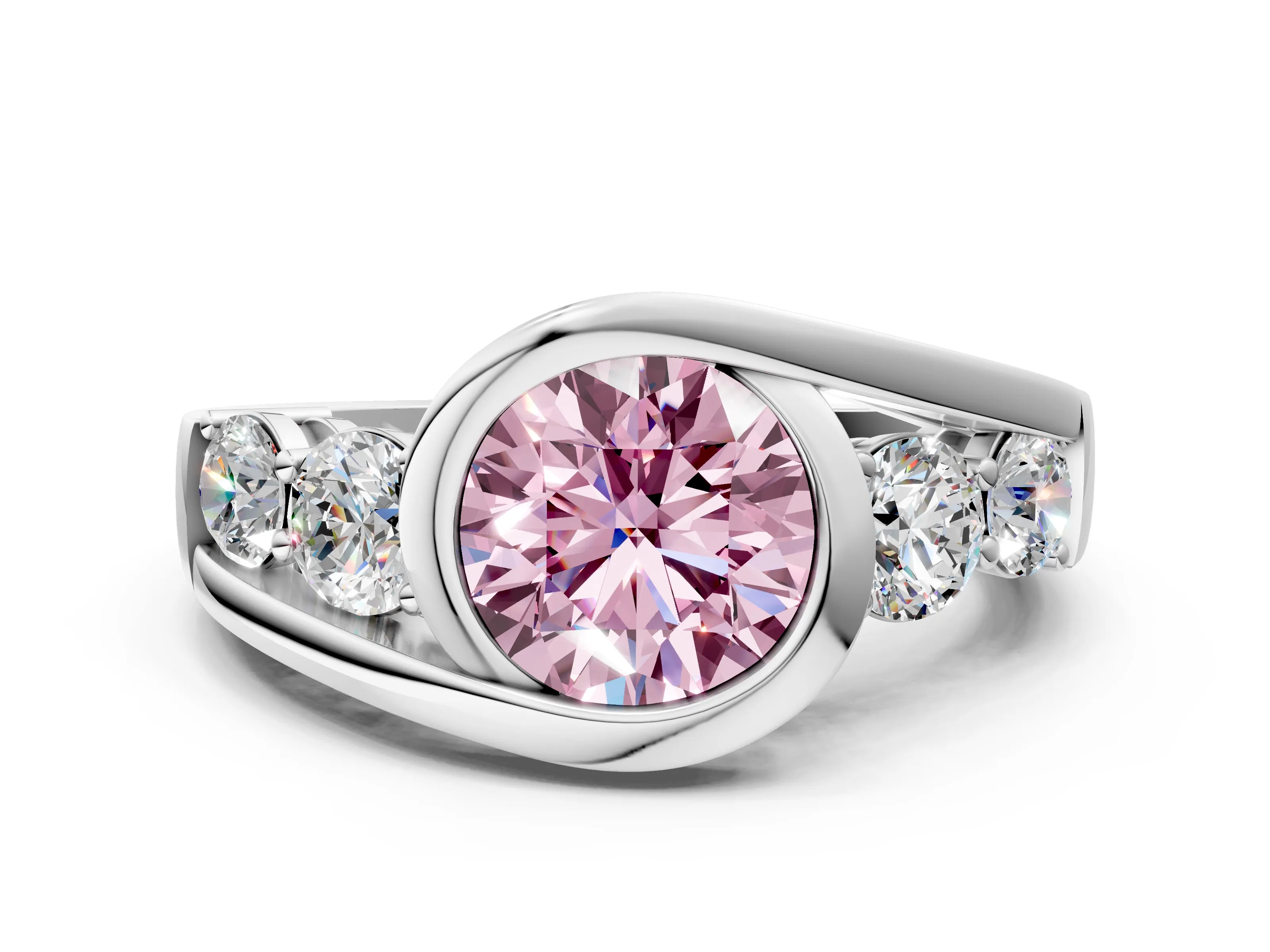 White gold Bezel Set Fancy Pink Round Cut Diamond Split Shank Ring