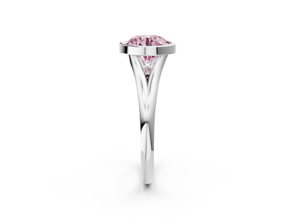 White gold Bezel Set Fancy Pink Round  Cut Solitaire Ring with Tapered Band