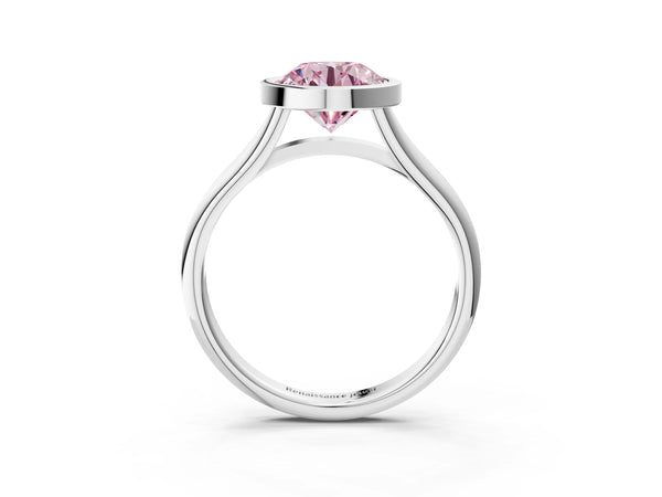 White gold Bezel Set Fancy Pink Round  Cut Solitaire Ring with Tapered Band