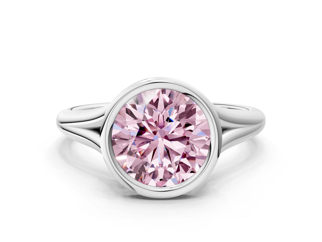 White gold Bezel Set Fancy Pink Round  Cut Solitaire Ring with Tapered Band