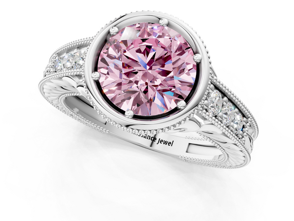 White gold Bezel Set Fancy Pink Round  Diamond Milgrain Pave Engagement Ring