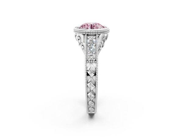 White gold Bezel Set Fancy Pink Round  Diamond Milgrain Pave Engagement Ring
