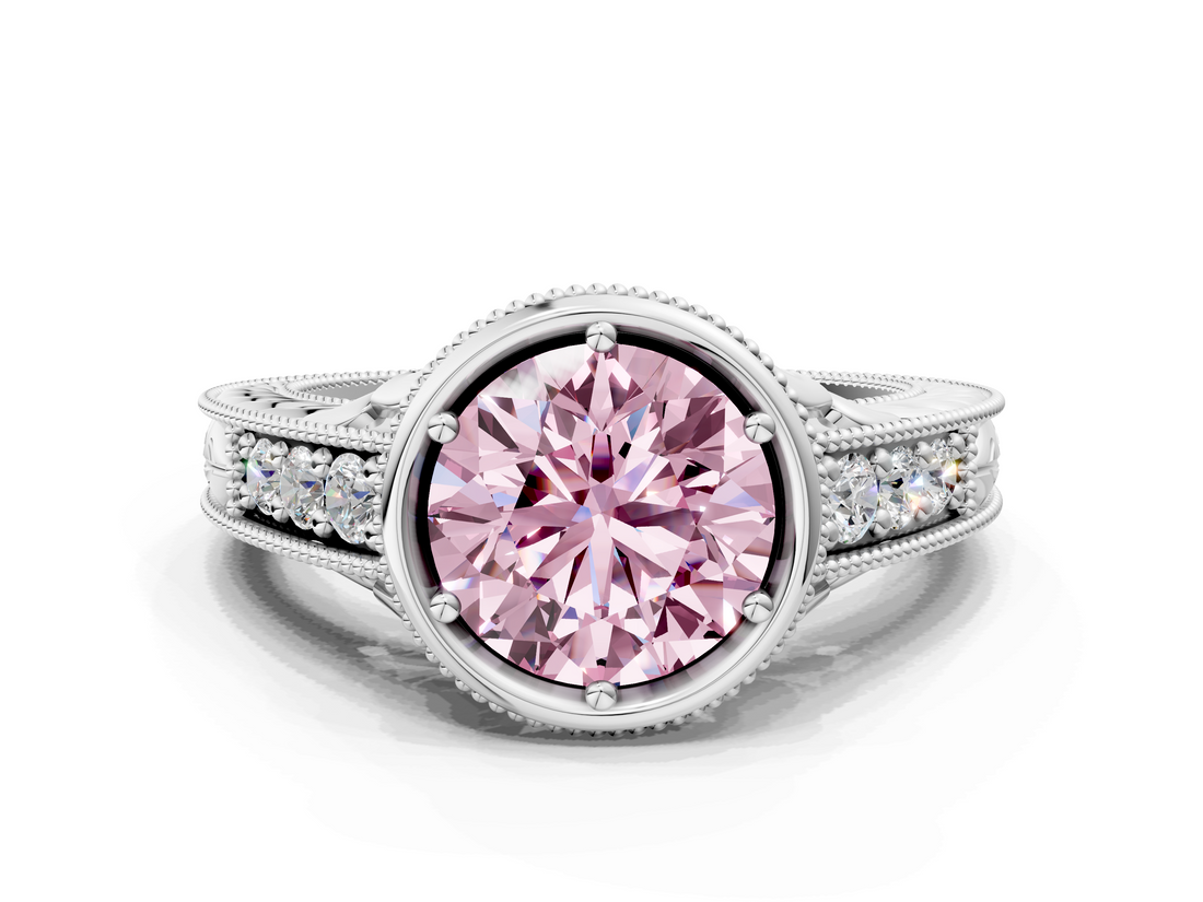 White gold Bezel Set Fancy Pink Round  Diamond Milgrain Pave Engagement Ring
