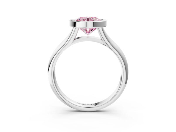 White gold Bezel Set Fancy Pink Round  Solitaire Diamond Ring with Smooth Band