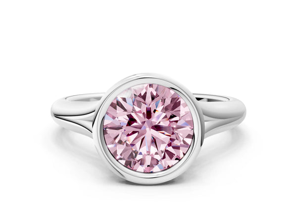 White gold Bezel Set Fancy Pink Round  Solitaire Diamond Ring with Smooth Band