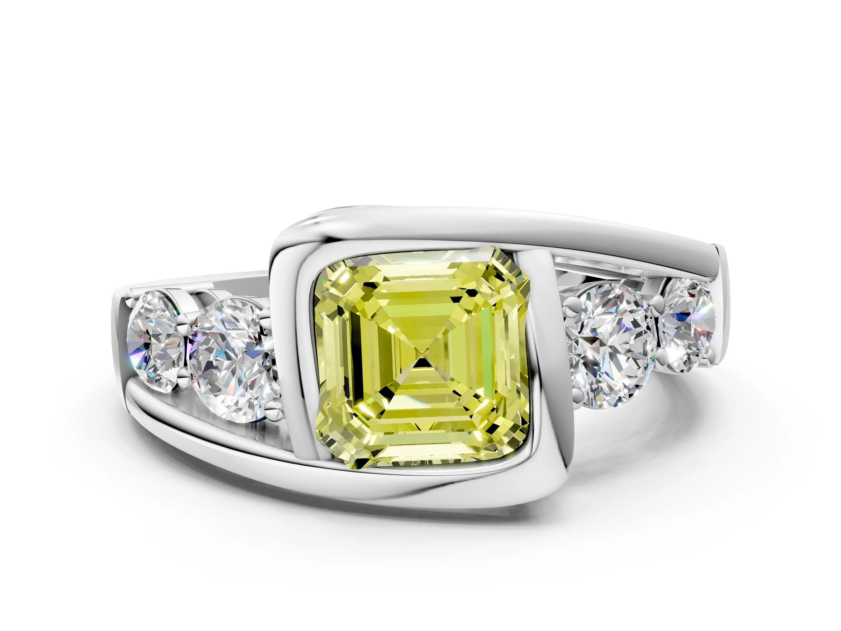 White gold Bezel Set Fancy Yellow Asscher Cut Diamond Split Shank Ring