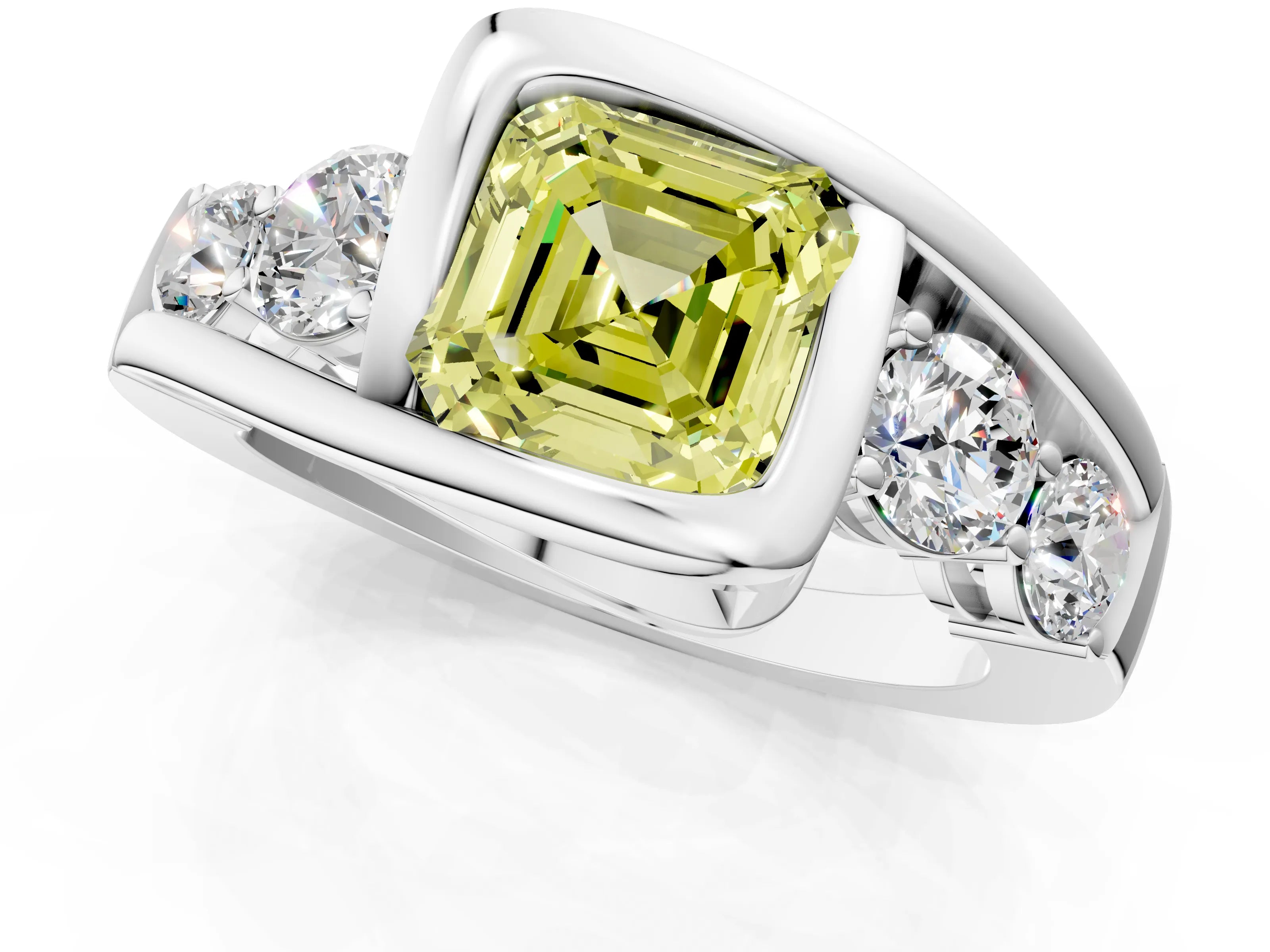 White gold Bezel Set Fancy Yellow Asscher Cut Diamond Split Shank Ring_1