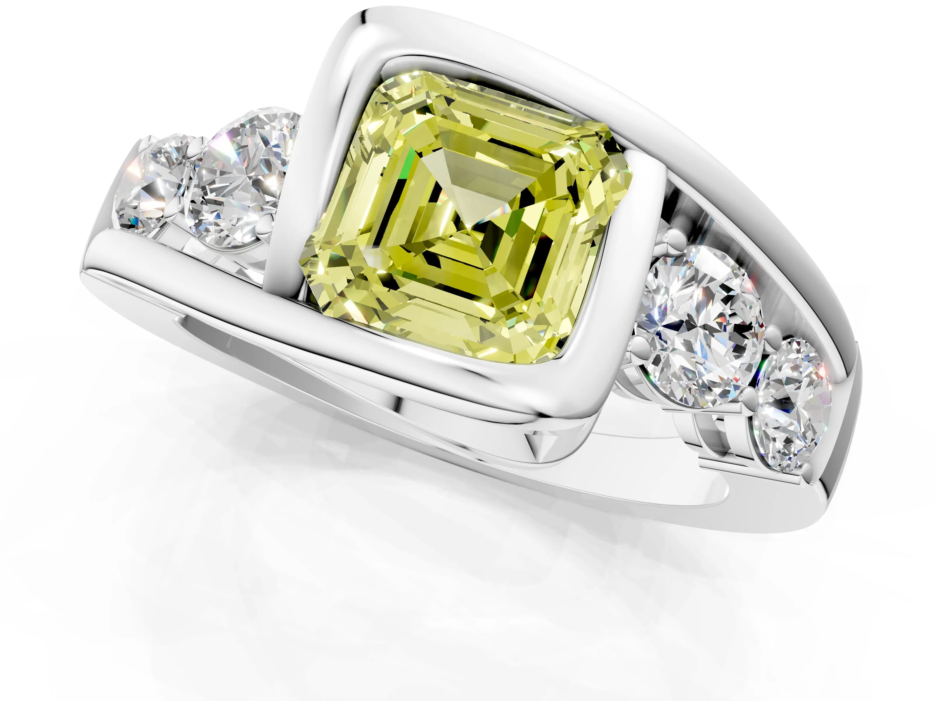 White gold Bezel Set Fancy Yellow Asscher Cut Diamond Split Shank Ring_37