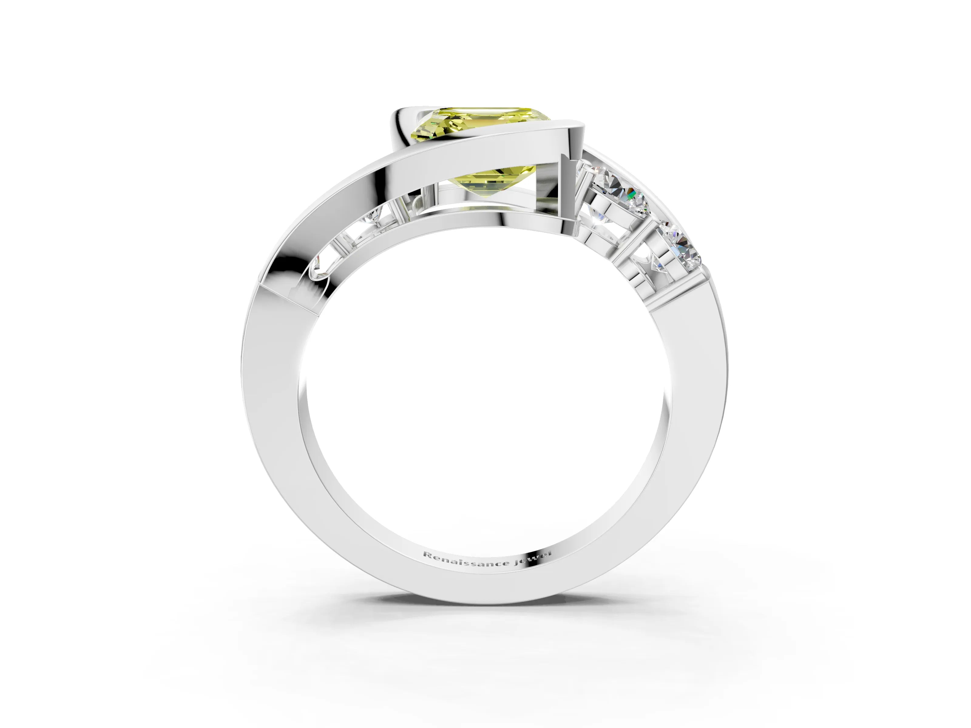 White gold Bezel Set Fancy Yellow Asscher Cut Diamond Split Shank Ring_3