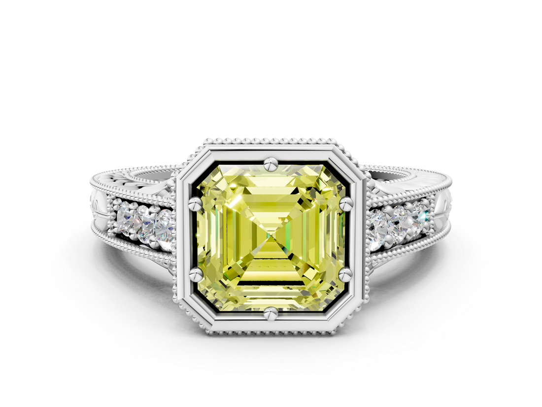 White gold Bezel Set Fancy Yellow Asscher  Diamond Milgrain Pave Engagement Ring_17