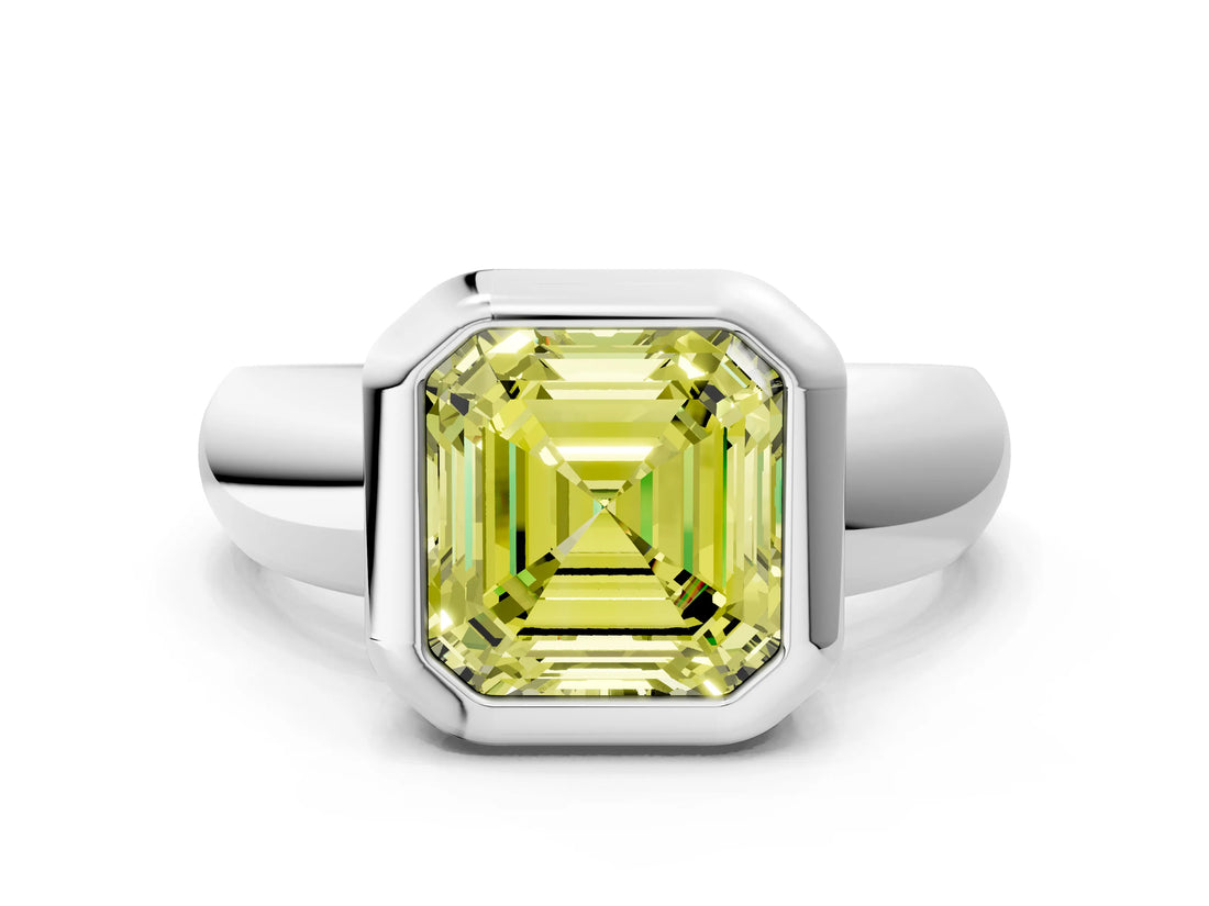 White gold Bezel Set Fancy Yellow Asscher  Solitaire Ring with Wide Band 1