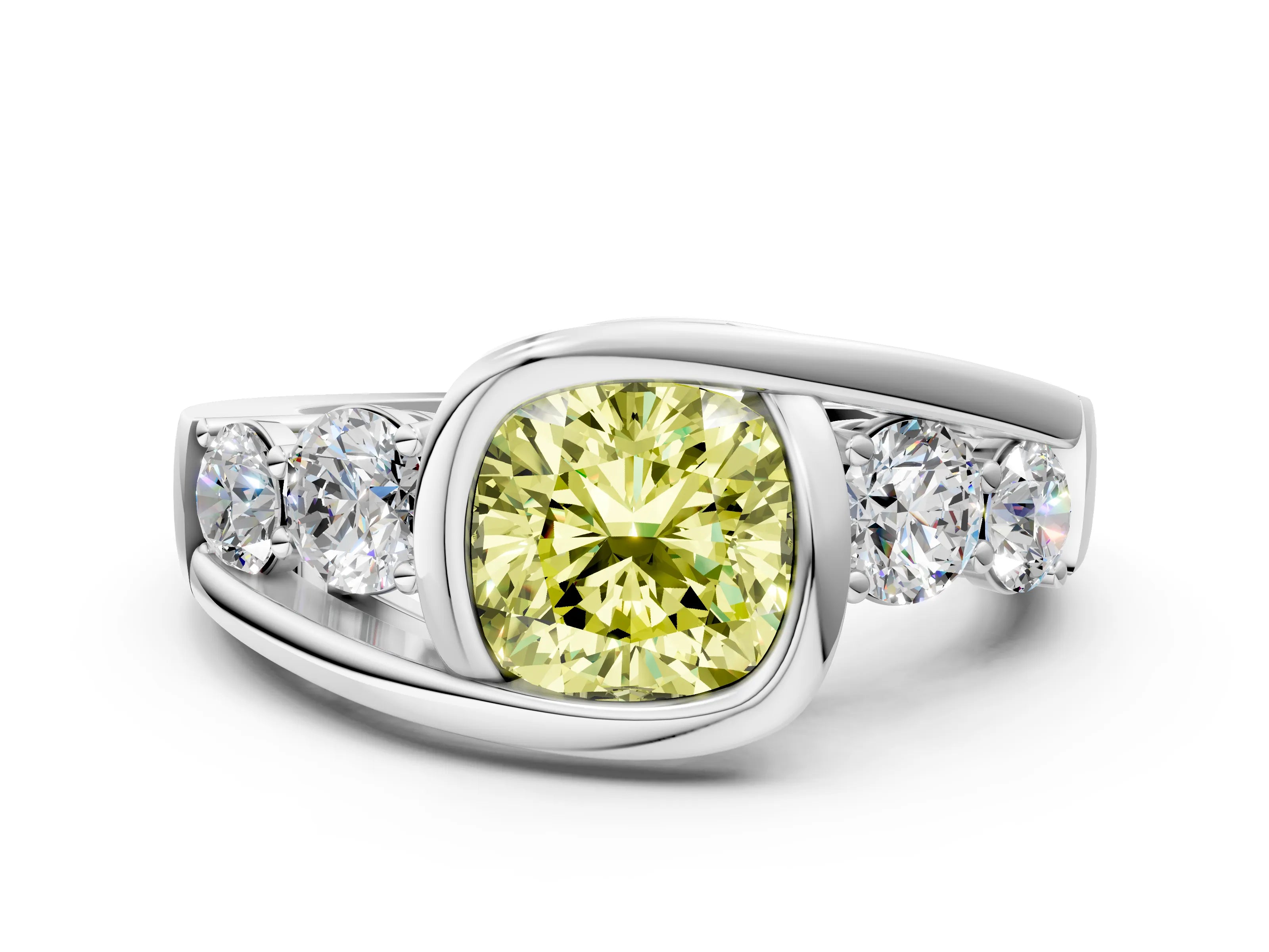 White gold Bezel Set Fancy Yellow Cushion Cut Diamond Split Shank Ring