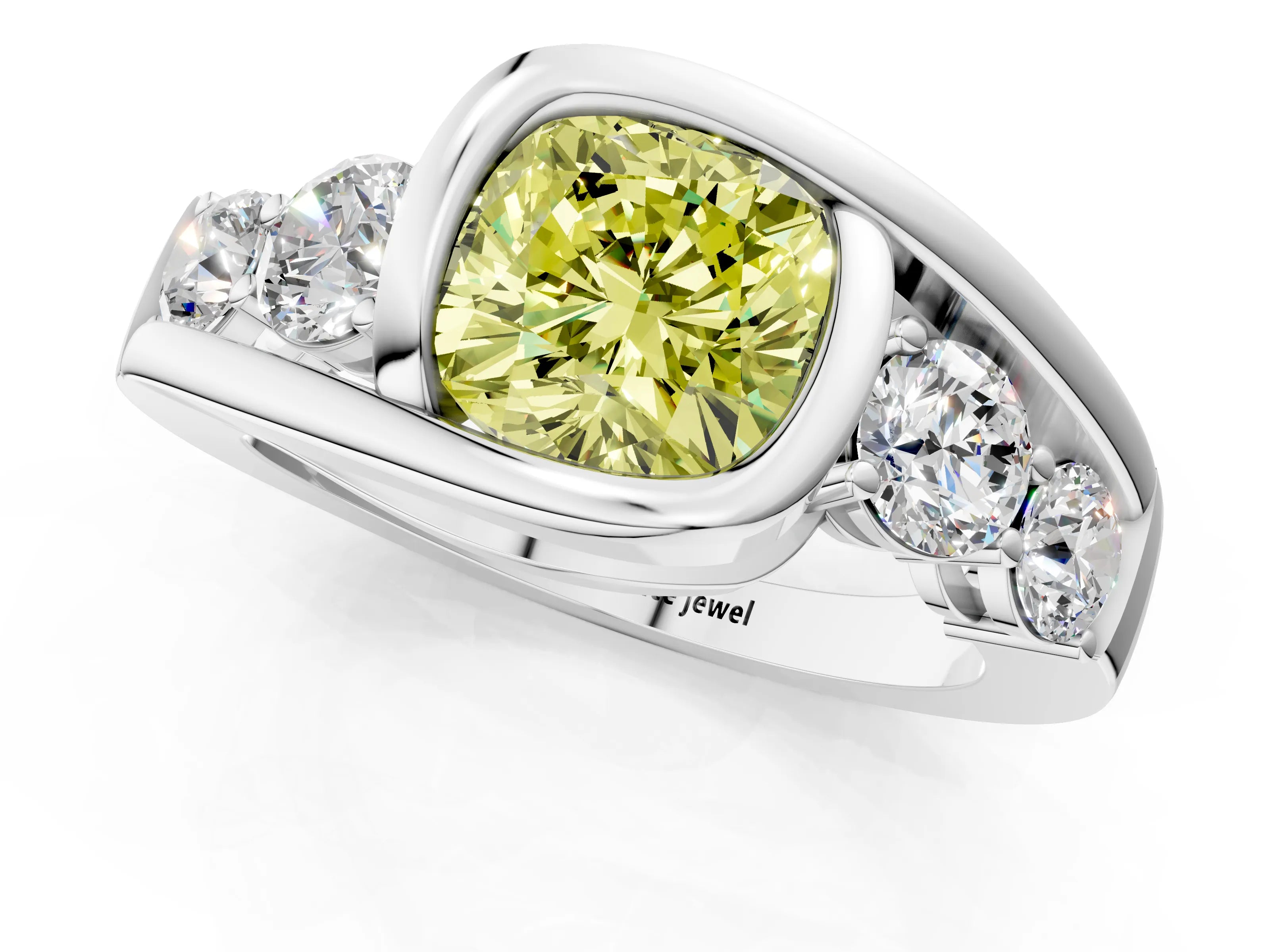 White gold Bezel Set Fancy Yellow Cushion Cut Diamond Split Shank Ring_1