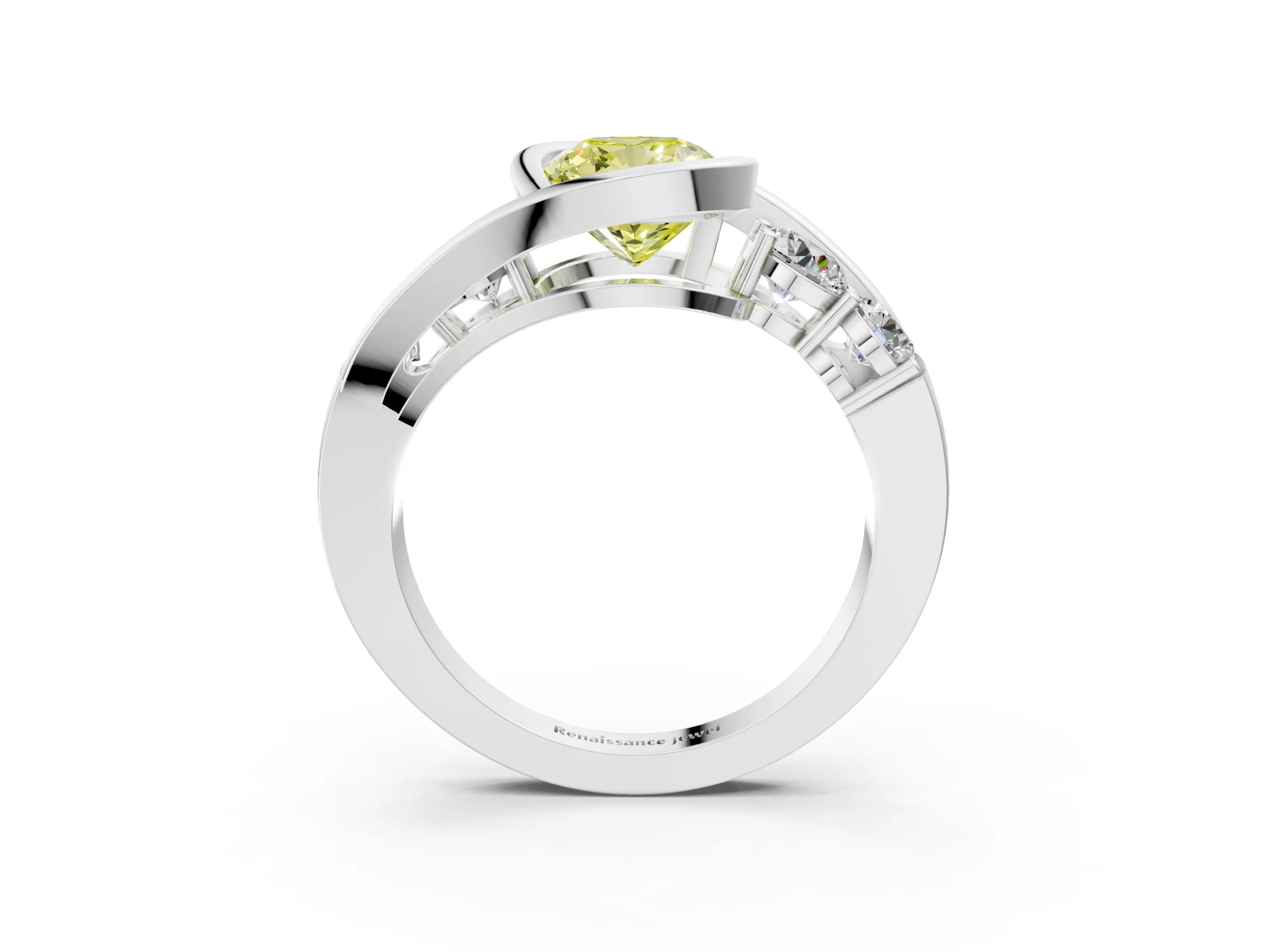 White gold Bezel Set Fancy Yellow Cushion Cut Diamond Split Shank Ring_3