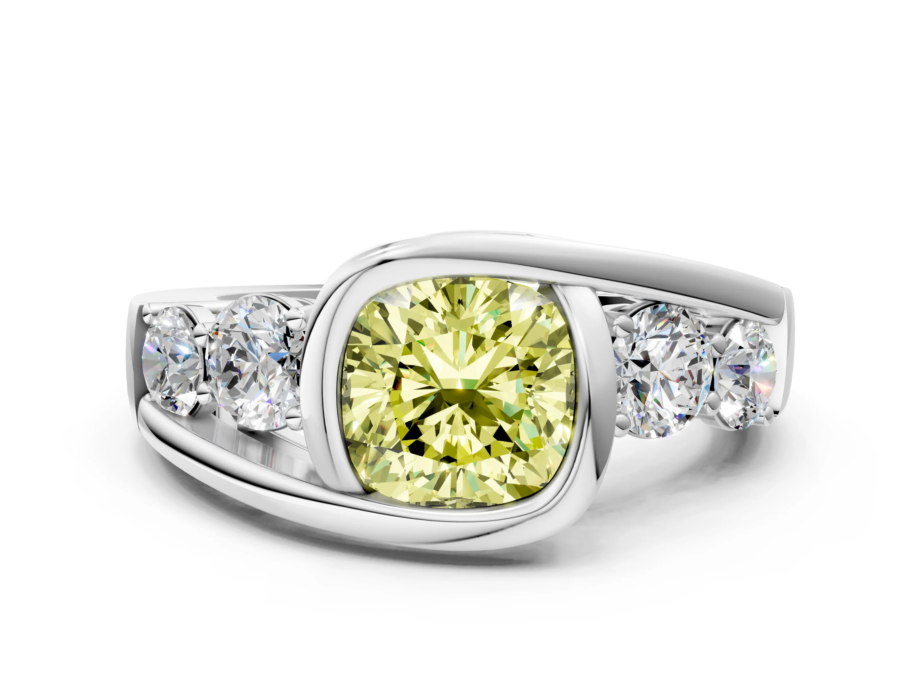 White gold Bezel Set Fancy Yellow Cushion Cut Diamond Split Shank Ring_36