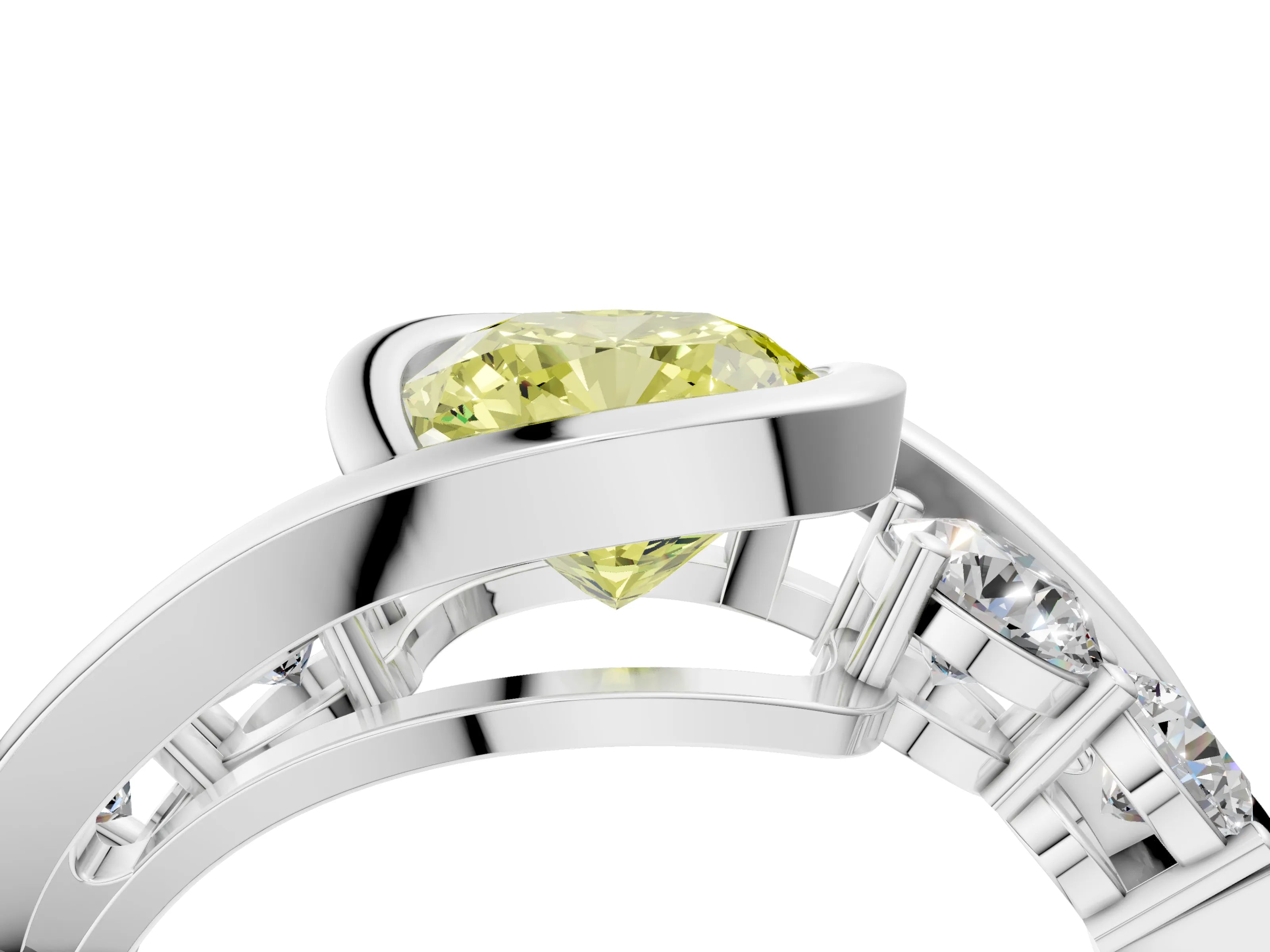 White gold Bezel Set Fancy Yellow Cushion Cut Diamond Split Shank Ring_4