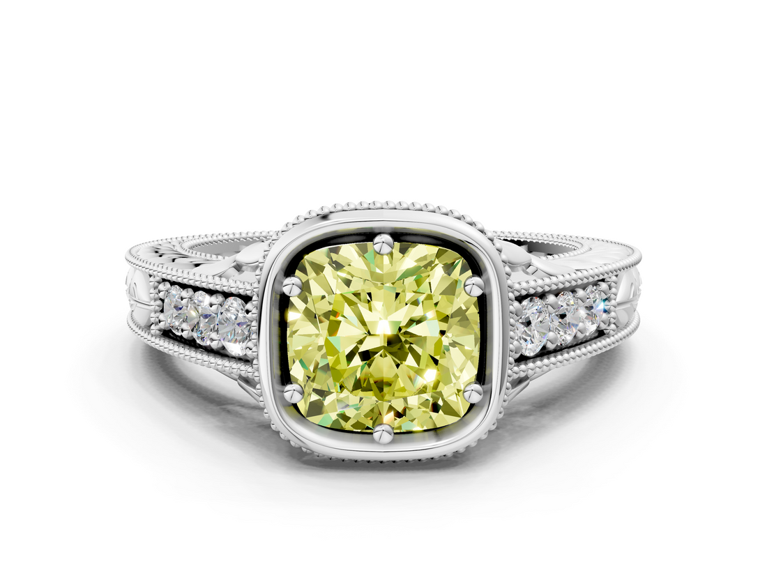 White gold Bezel Set Fancy Yellow Cushion  Diamond Milgrain Pave Engagement Ring_33