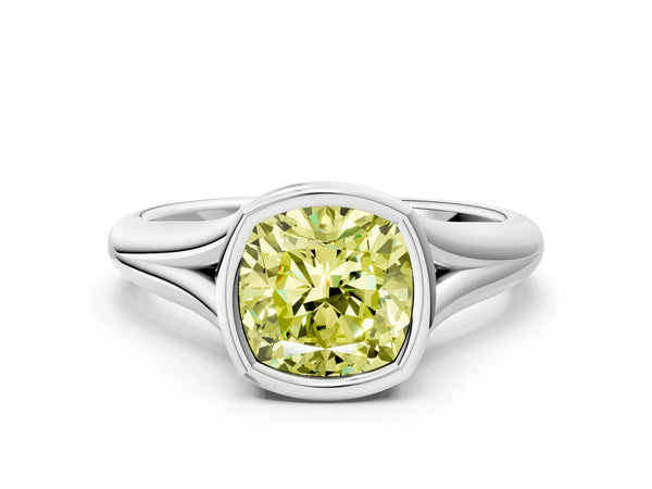 White gold Bezel Set Fancy Yellow Cushion  Solitaire Diamond Ring with Smooth Band