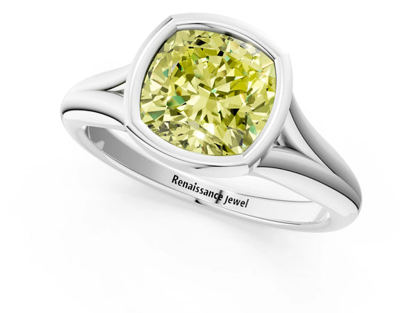 White gold Bezel Set Fancy Yellow Cushion  Solitaire Diamond Ring with Smooth Band