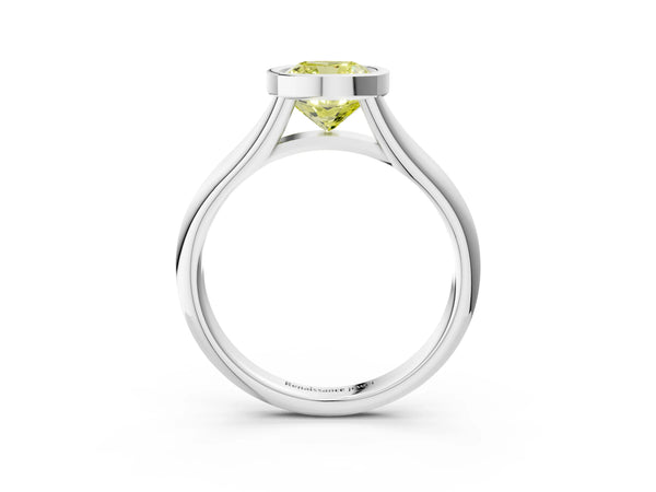 White gold Bezel Set Fancy Yellow Cushion  Solitaire Diamond Ring with Smooth Band
