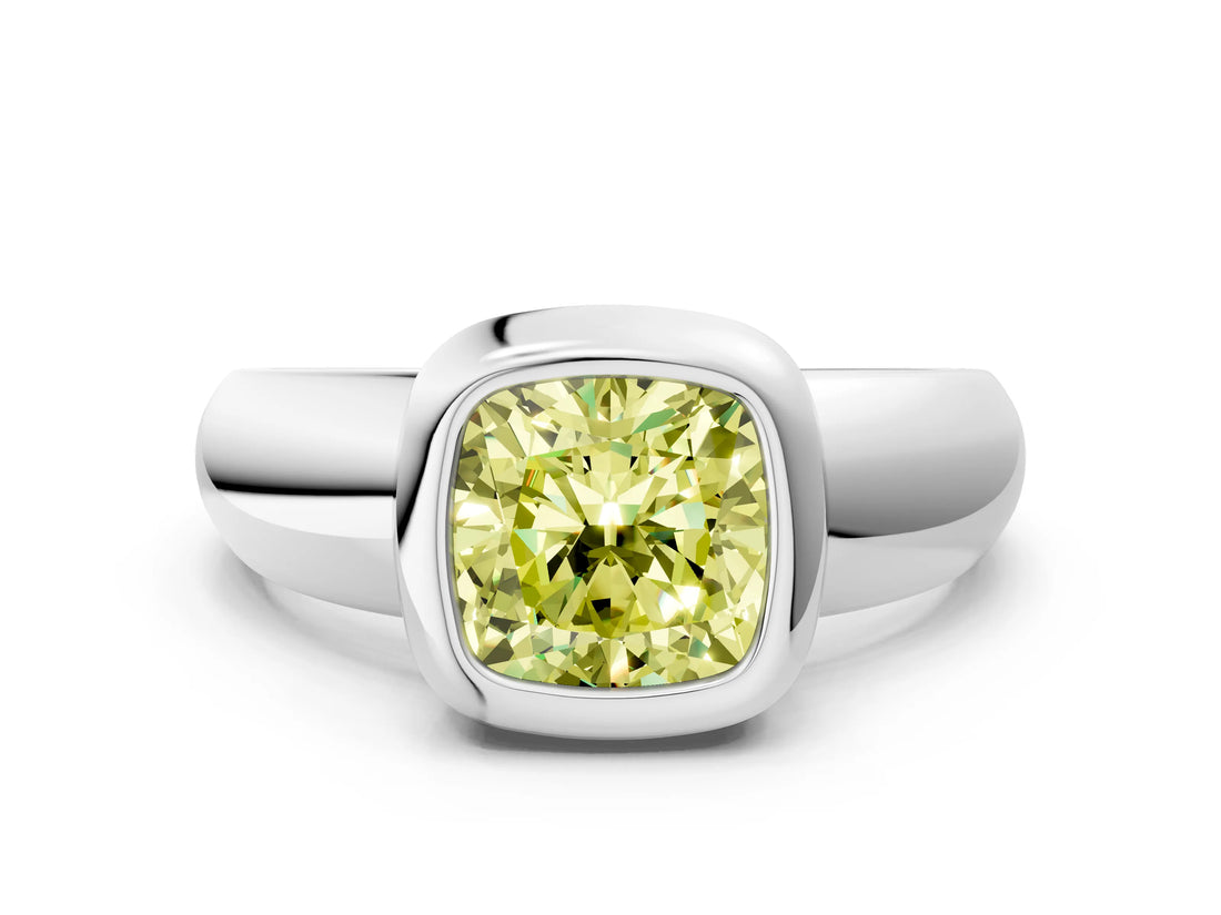 White gold Bezel Set Fancy Yellow Cushion  Solitaire Ring with Wide Band 1