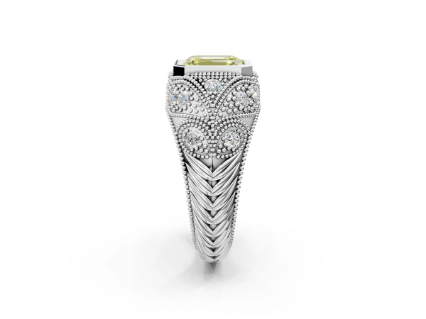 White Gold Emerald Cut Vintage Bezel Engagement Ring Setting for Fancy Yellow Center with Milgrain