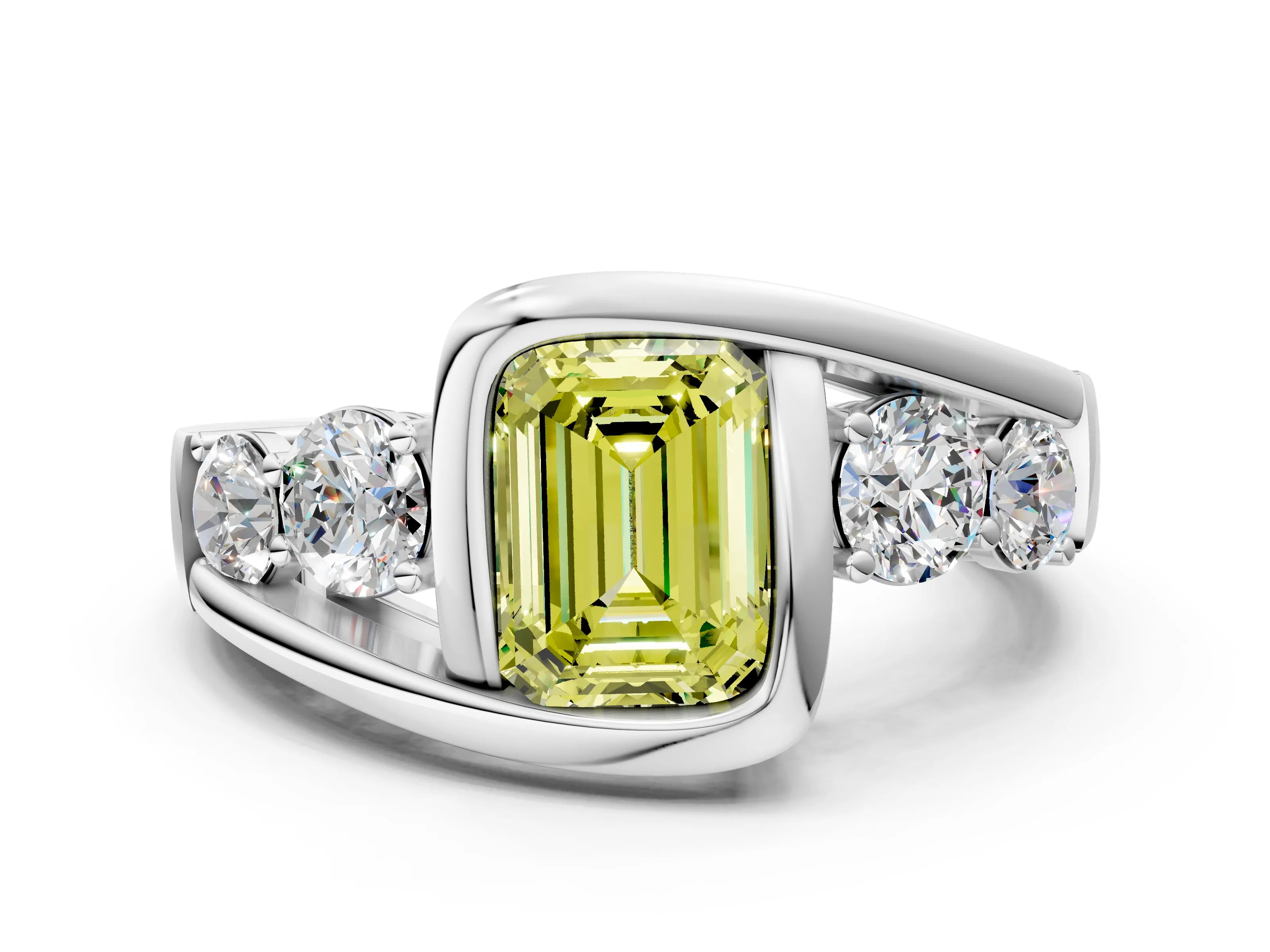 White gold Bezel Set Fancy Yellow Emerald Cut Diamond Split Shank Ring