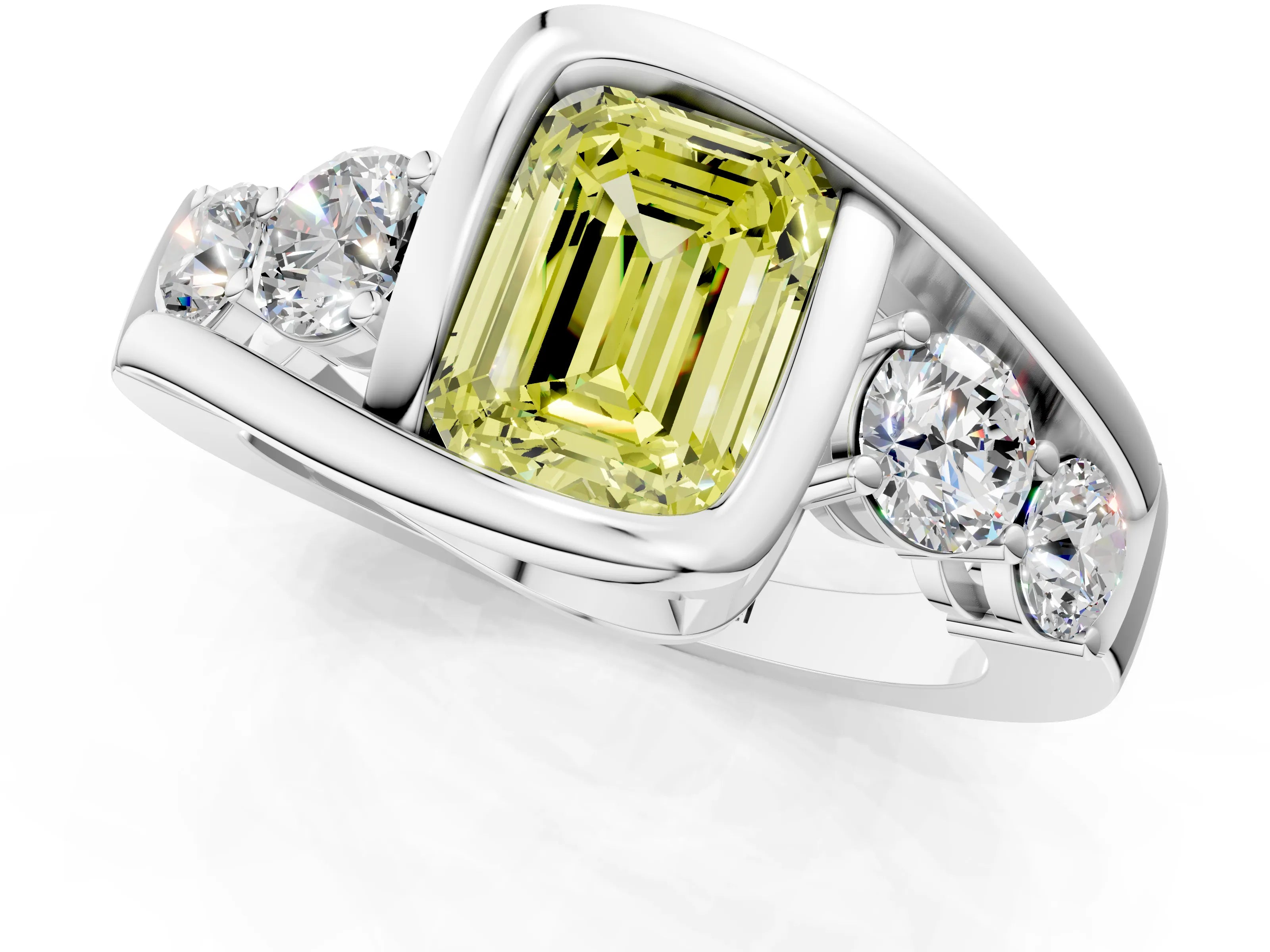 White gold Bezel Set Fancy Yellow Emerald Cut Diamond Split Shank Ring_1