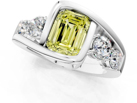 White gold Bezel Set Fancy Yellow Emerald Cut Diamond Split Shank Ring_1