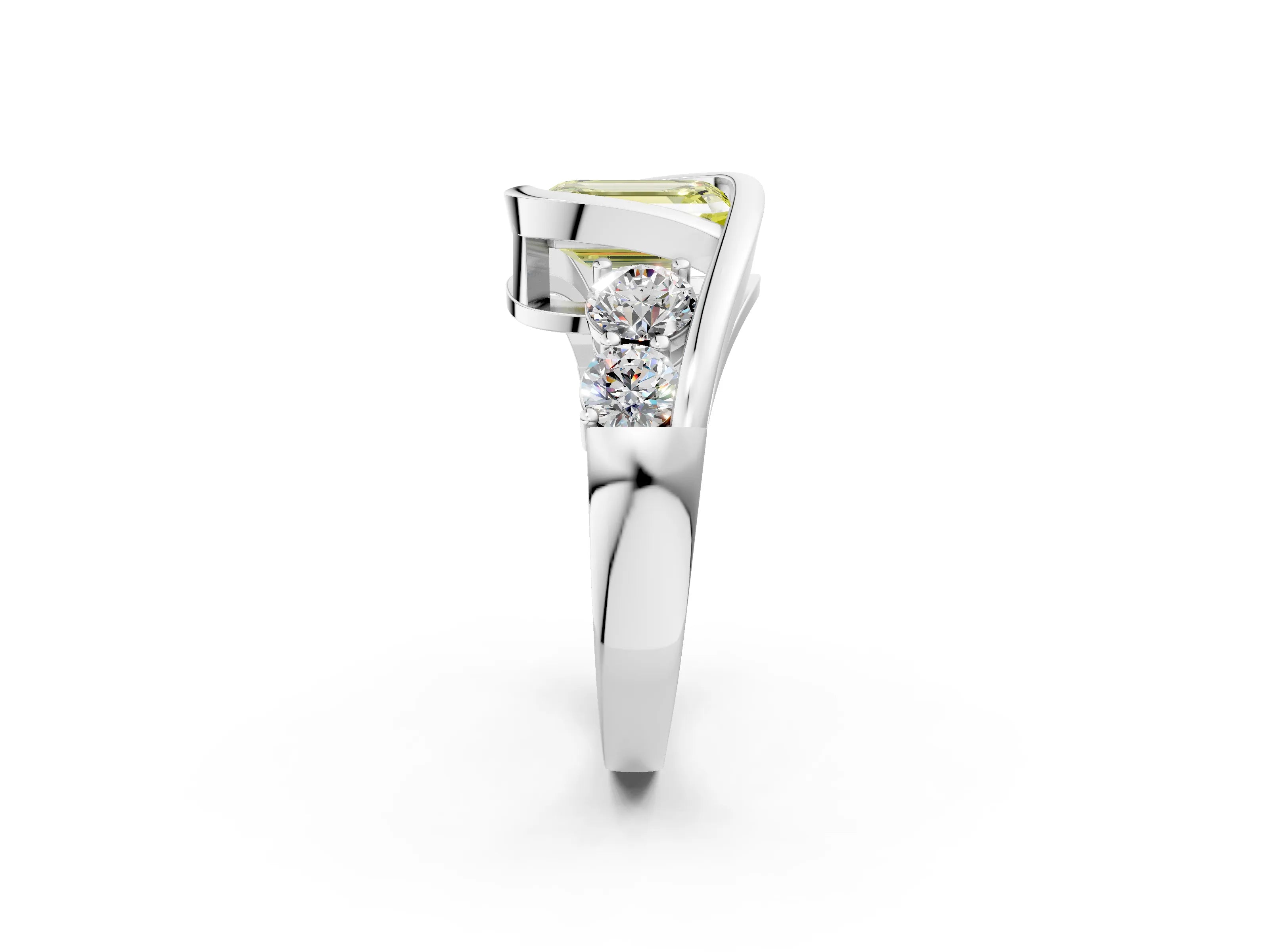 White gold Bezel Set Fancy Yellow Emerald Cut Diamond Split Shank Ring_2