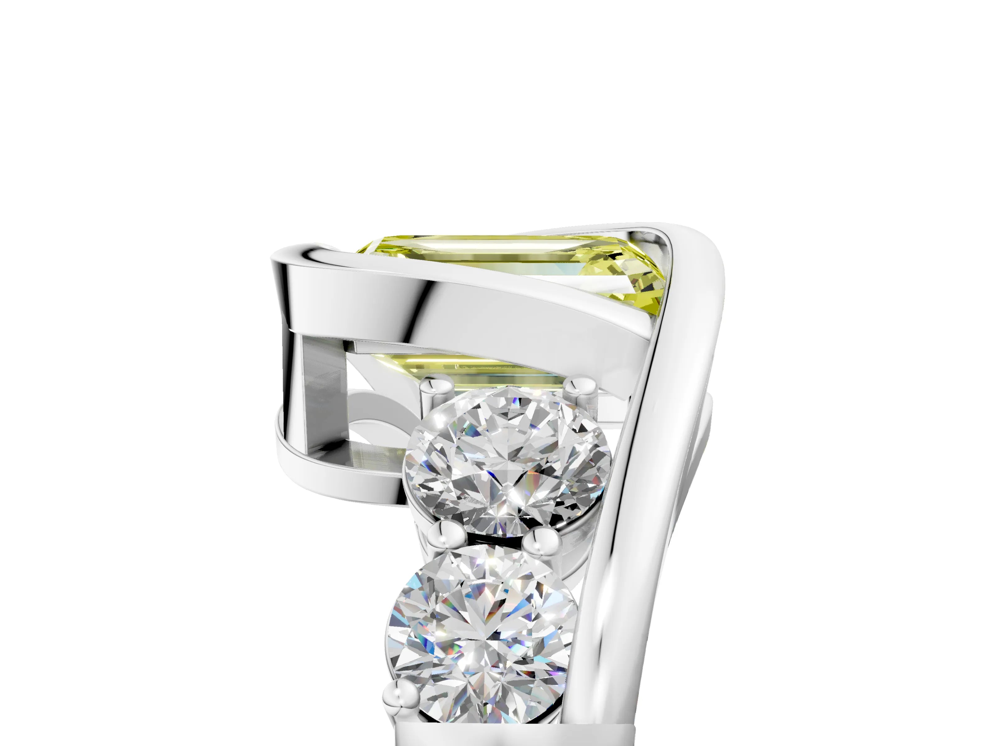 White gold Bezel Set Fancy Yellow Emerald Cut Diamond Split Shank Ring_29