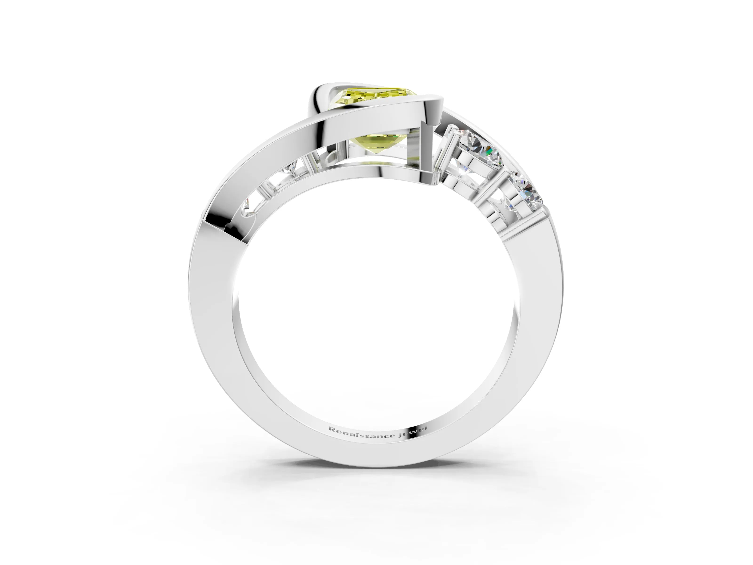 White gold Bezel Set Fancy Yellow Emerald Cut Diamond Split Shank Ring_3