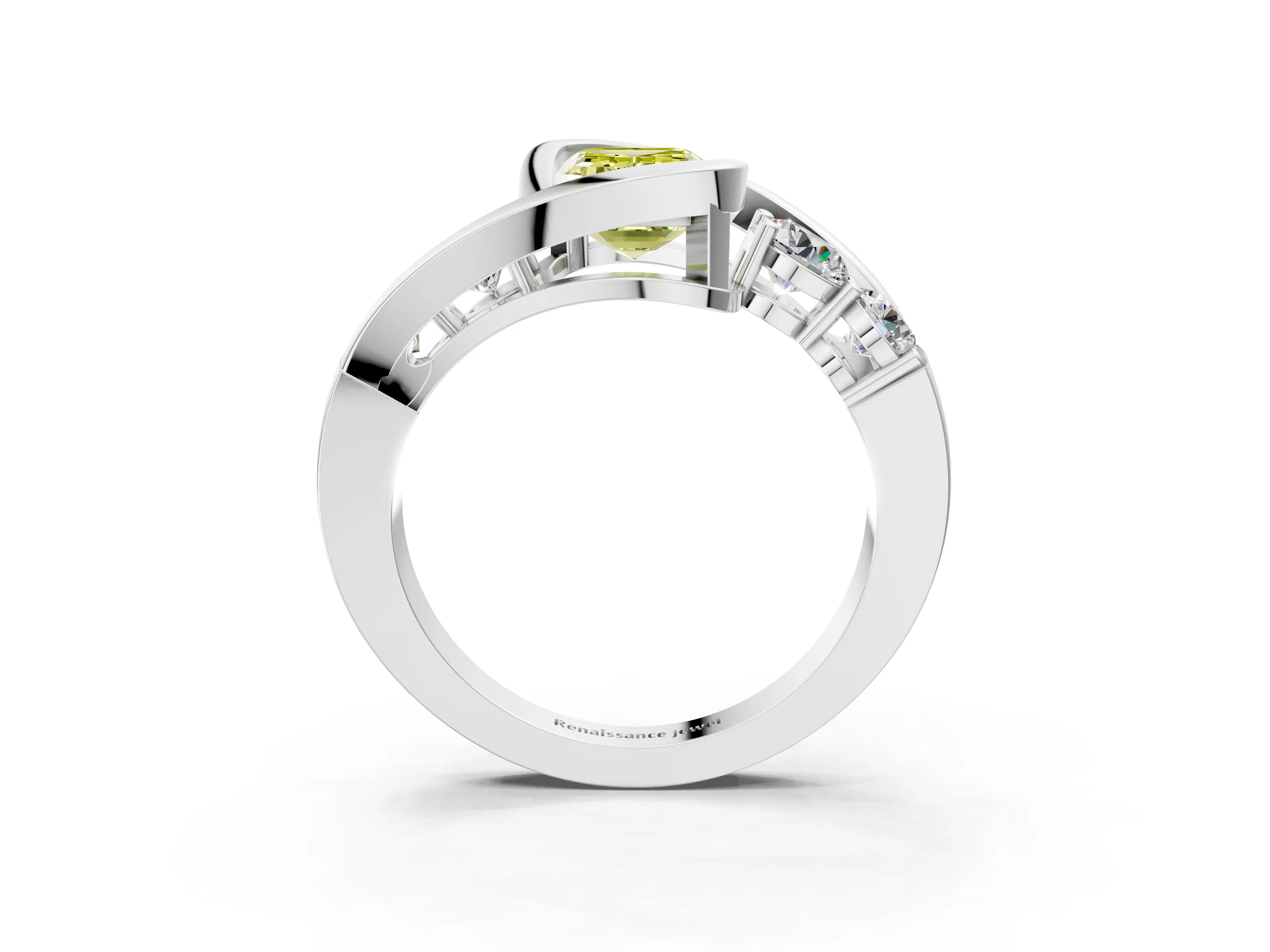 White gold Bezel Set Fancy Yellow Emerald Cut Diamond Split Shank Ring_33